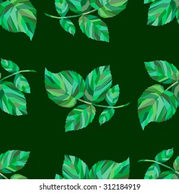Seamless polygonal pattern of rose leaves with thorns of different shades of green on a dark green background