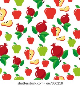 Seamless pomegranate and apple pattern. Jewish new year. Rosh Hashana celebration. Vector illustration.