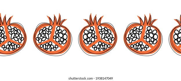 Seamless Pomegranate fruit vector border. Repeating horizontal pattern doodle pomegranates black white orange. Use for fabric trim, kitchen decor, packaging, footer, duct tape, wall decals, banners