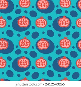 Seamless pomegranate pattern. Abstract ornament with red garnets and blue circles on a bright blue background. For menu design, textiles, wallpaper, wrapping paper