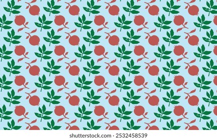 Seamless pomegranate pattern with floral elements. Ideal for textiles, wallpapers, and print design. Perfect for adding a fresh and vibrant touch to any project.	
