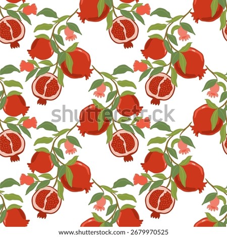 Seamless Pomegranate Pattern with Leaves and Flowers – Vibrant Red Fruit Design for Textiles, Packaging, and Décor