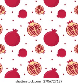 Nahtloses Granatapfelmuster. Wiederholen ganzer Früchte und schneiden Hälften mit roten Samen in einem flachen Stil. Frisches Fruchtmuster für Stoff, Verpackung, Küchendekor und Packpapier.