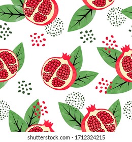 Seamless pomegranate pattern. Vector watercolor illustration with pomegranate fruits and leaves.	