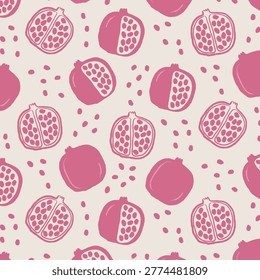 Seamless pomegranate pattern with whole and halved fruits, seeds scattered on beige background. Hand drawn flat and outline style vector print for textile, packaging, wrapping paper and surface design.