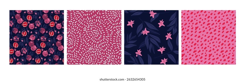 Seamless Pomegranate patterns. Set of four. Punica granatum. Backgrounds with fruits and flowers and abstract shapes. Fresh fruits Vector Summer Repeated background for textile, wallpaper, packaging