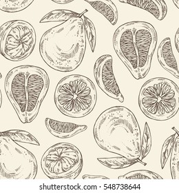Seamless with pomelo and pomelo slice. hand drawn.