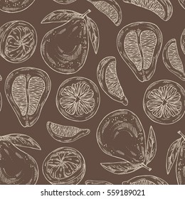 Seamless with pomelo and pomelo slice. hand drawn.