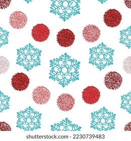 Seamless pompom pattern, christmas color red, pink on white background with blue snowflakes. Minimalist pattern, repeating girlanda. Holiday pattern pergefct for gift wrap or fabric.