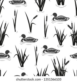 Seamless pond pattern with reeds and ducks. Vector black and white background.