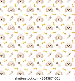 Seamless poodle dog pattern with bone and paw. Puppy background for print. Pet themed design