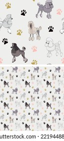 Seamless Poodle dog pattern, holiday texture. Square format, t-shirt, poster, packaging, textile, socks, textile, fabric, decoration, wrapping paper. Trendy hand-drawn Poodle dog wallpaper.