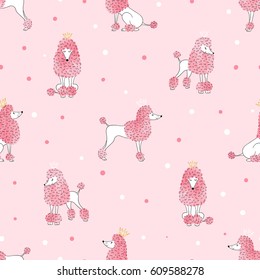 Seamless poodle dog pattern in pink color. Vector background with cute watercolor dogs for kids design.