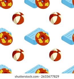 Seamless Pool Float Summer Pattern — seamless pattern with inflatable swim rings, beach balls and air mattresses. Flat cartoon style with bright summer colors on a white background.

