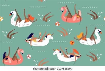 Seamless pool party vector illustration. Summer beach cartoon vector illustration with young women on the float