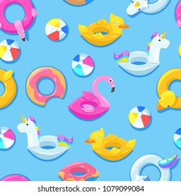 Seamless pool pattern. Unicorn, flamingo, duck, ball, donut cute floats in blue water. Vector illustration. Fashion summer textile print design.