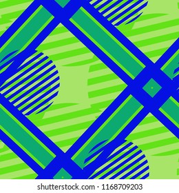 Seamless Pop Art Background. Abstract Colorful Texture with Lines and Geometric Figures for Print, Fabric, Textile. Trendy Seamless Multicolor Background in Disco Style. Vector Texture.