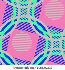 Seamless Pop Art Background. Abstract Color Texture with Lines and Geometric Figures for Wallpaper, Fabric, Print. Modern Seamless Multicolor Background in Disco Style. Vector Texture.