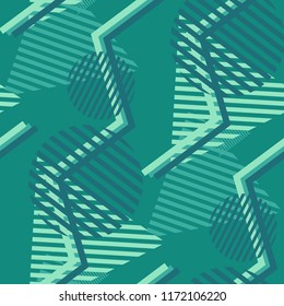 Seamless Pop Art Background. Abstract Color Texture with Lines and Geometric Figures for Chintz, Linen, Paper. Trendy Seamless Multicolor Background in Disco Style. Vector Texture.