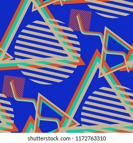 Seamless Pop Art Background. Abstract Color Texture with Lines and Geometric Figures for Wallpaper, Cotton, Textile. Trendy Seamless Multicolor Background in Disco Style. Vector Texture.