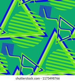 Seamless Pop Art Background. Abstract Colorful Texture with Lines and Geometric Figures for Dress, Curtain, Tablecloth. Vintage Seamless Multicolor Background in Disco Style. Vector Texture.