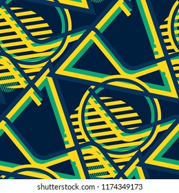 Seamless Pop Art Background. Abstract Color Texture with Lines and Geometric Figures for Chintz, Linen, Paper. Modern Seamless Multicolor Background in Disco Style. Vector Texture.