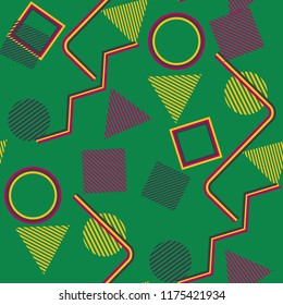 Seamless Pop Art Background. Abstract Color Texture with Lines and Geometric Figures for Print, Fabric, Textile. Modern Seamless Multicolor Background in Disco Style. Vector Texture.