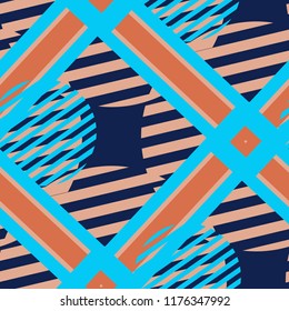 Seamless Pop Art Background. Abstract Color Texture with Lines and Geometric Figures for Calico, Print, Textile. Vintage Seamless Multicolor Background in Disco Style. Vector Texture.