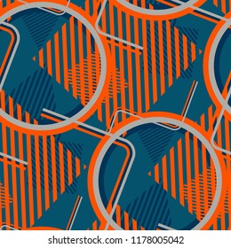 Seamless Pop Art Background. Abstract Colorful Texture with Lines and Geometric Figures for Print, Cloth, Fabric. Vintage Seamless Multicolor Background in Disco Style. Vector Texture.