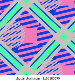 Seamless Pop Art Background. Abstract Colorful Texture with Lines and Geometric Figures for Linen, Paper, Tablecloth. Vintage Seamless Multicolor Background in Disco Style. Vector Texture.