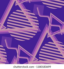 Seamless Pop Art Background. Abstract Colorful Texture with Lines and Geometric Figures for Dress, Paper, Tablecloth. Retro Seamless Multicolor Background in Disco Style. Vector Texture.