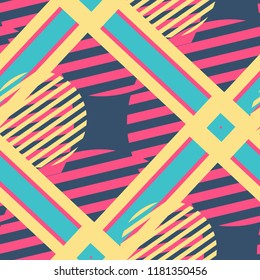 Seamless Pop Art Background. Abstract Color Texture with Lines and Geometric Figures for Print, Cloth, Fabric. Trendy Seamless Multicolor Background in Disco Style. Vector Texture.