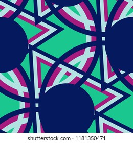 Seamless Pop Art Background. Abstract Colorful Texture with Lines and Geometric Figures for Chintz, Curtain, Paper. Vintage Seamless Multicolor Background in Disco Style. Vector Texture.