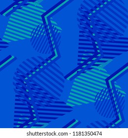 Seamless Pop Art Background. Abstract Color Texture with Lines and Geometric Figures for Print, Cloth, Textile. Retro Seamless Multicolor Background in Disco Style. Vector Texture.