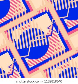 Seamless Pop Art Background. Abstract Colorful Texture with Lines and Geometric Figures for Wallpaper, Fabric, Textile. Modern Seamless Multicolor Background in Disco Style. Vector Texture.