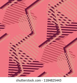 Seamless Pop Art Background. Abstract Color Texture with Lines and Geometric Figures for Dress, Curtain, Tablecloth. Trendy Seamless Multicolor Background in Disco Style. Vector Texture.