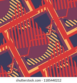Seamless Pop Art Background. Abstract Colorful Texture with Lines and Geometric Figures for Cotton, Print, Textile. Vintage Seamless Multicolor Background in Disco Style. Vector Texture.