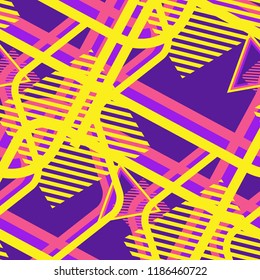 Seamless Pop Art Background. Abstract Color Texture with Lines and Geometric Figures for Chintz, Linen, Paper. Retro Seamless Multicolor Background in Disco Style. Vector Texture.
