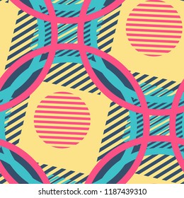 Seamless Pop Art Background. Abstract Colorful Texture with Lines and Geometric Figures for Cotton, Calico, Textile. Trendy Seamless Multicolor Background in Disco Style. Vector Texture.