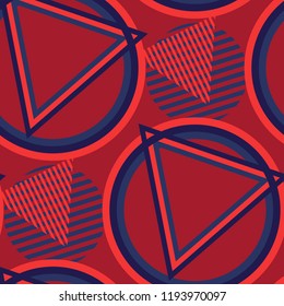 Seamless Pop Art Background. Abstract Colorful Texture with Lines and Geometric Figures for Chintz, Curtain, Paper. Vintage Seamless Multicolor Background in Disco Style. Vector Texture.