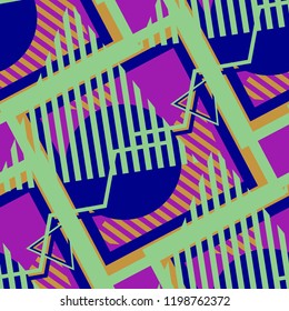 Seamless Pop Art Background. Abstract Colorful Texture with Lines and Geometric Figures for Chintz, Curtain, Paper. Trendy Seamless Multicolor Background in Disco Style. Vector Texture.