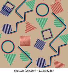 Seamless Pop Art Background. Abstract Colorful Texture with Lines and Geometric Figures for Fabric, Cloth, Textile. Retro Seamless Multicolor Background in Disco Style. Vector Texture.