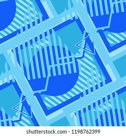 Seamless Pop Art Background. Abstract Color Texture with Lines and Geometric Figures for Dress, Paper, Tablecloth. Vintage Seamless Multicolor Background in Disco Style. Vector Texture.