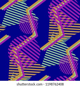 Seamless Pop Art Background. Abstract Color Texture with Lines and Geometric Figures for Cotton, Print, Textile. Vintage Seamless Multicolor Background in Disco Style. Vector Texture.