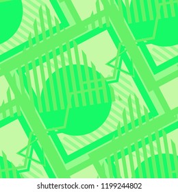 Seamless Pop Art Background. Abstract Colorful Texture with Lines and Geometric Figures for Chintz, Linen, Wallpaper. Vintage Seamless Multicolor Background in Disco Style. Vector Texture.