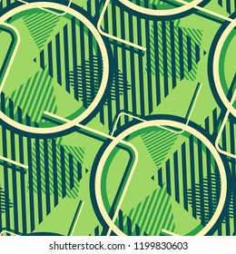 Seamless Pop Art Background. Abstract Colorful Texture with Lines and Geometric Figures for Wallpaper, Cotton, Textile. Trendy Seamless Multicolor Background in Disco Style. Vector Texture.