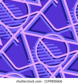 Seamless Pop Art Background. Abstract Colorful Texture with Lines and Geometric Figures for Print, Fabric, Textile.  Modern Seamless Multicolor Background in Disco Style. Vector Texture.