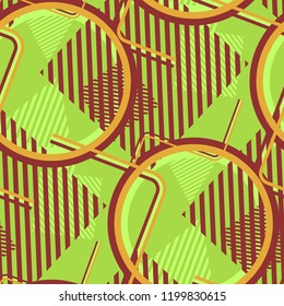Seamless Pop Art Background. Abstract Color Texture with Lines and Geometric Figures for Wallpaper, Print, Textile. Trendy Seamless Multicolor Background in Disco Style. Vector Texture.