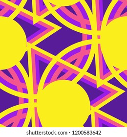 Seamless Pop Art Background. Abstract Colorful Texture with Lines and Geometric Figures for Cotton, Print, Calico. Trendy Seamless Multicolor Background in Disco Style. Vector Texture.