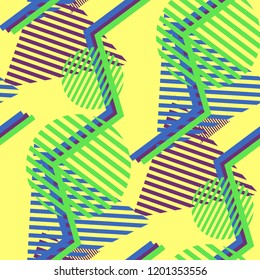 Seamless Pop Art Background. Abstract Colorful Texture with Lines and Geometric Figures for Calico, Print, Textile. Modern Seamless Multicolor Background in Disco Style. Vector Texture.
